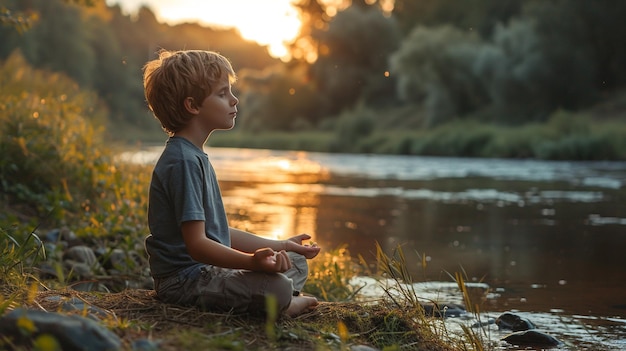 静かな湖のそばでマインドフルネスと瞑想を練習している少年