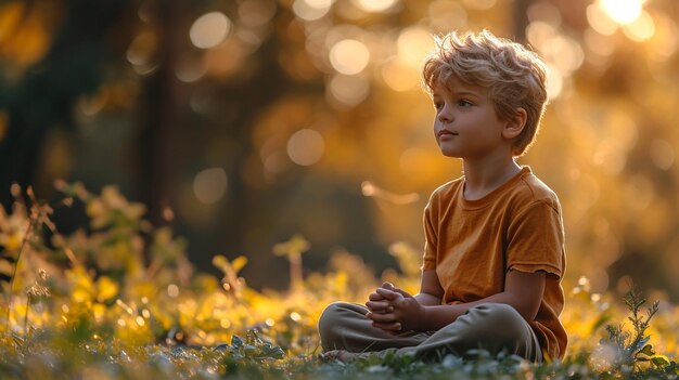 A boy practicing mindfulness and meditation in a serene forest