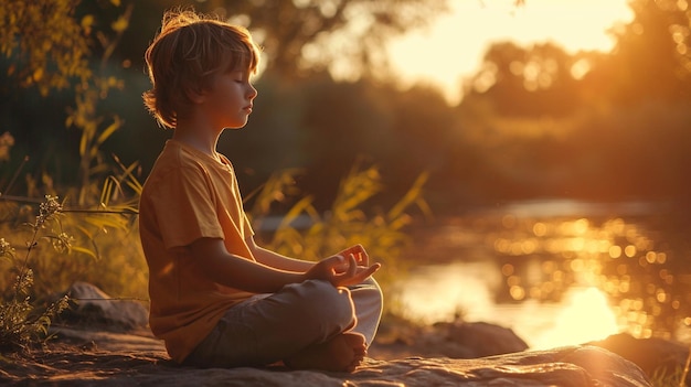 Мальчик практикует осознанность и медитацию в спокойном лесу