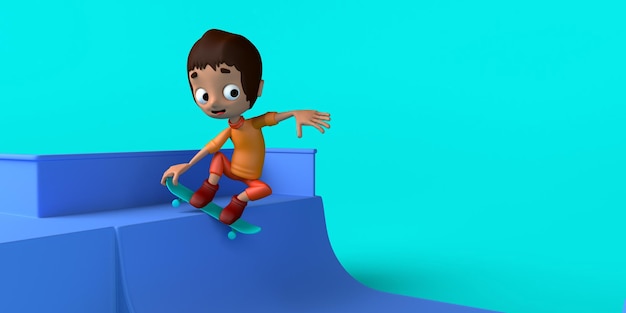 Boy practicing skateboarding on skate park with skateboard Copy space 3D illustration Cartoon