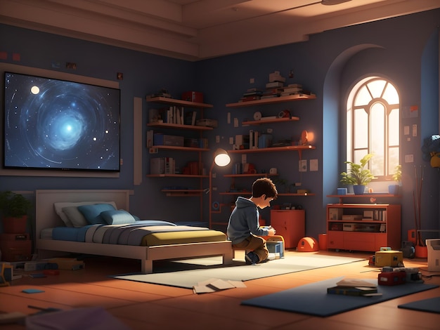 A boy programming in a room rendered in a 3D style