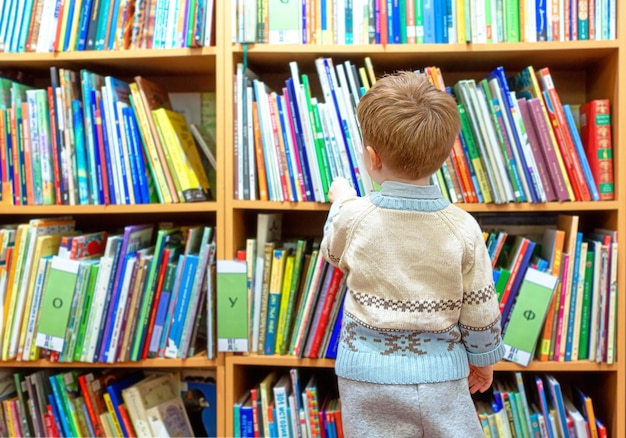 Photo a boy in a public library chooses a book