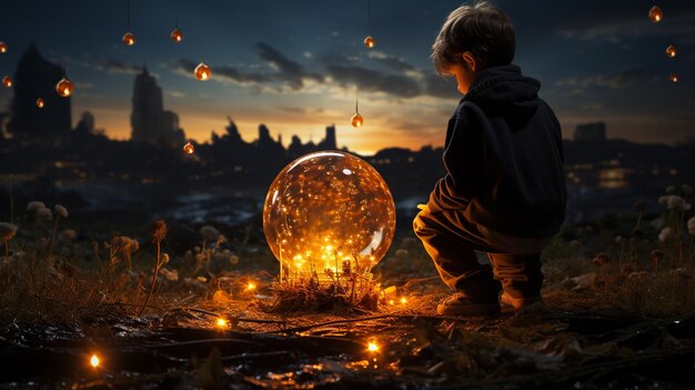 boy pulled the big bulb half buried in the ground against night sky with stars and space dust