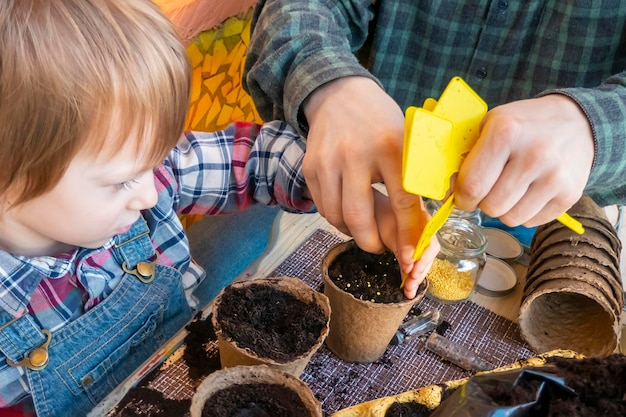 Boy puts markers and signs the planted plants