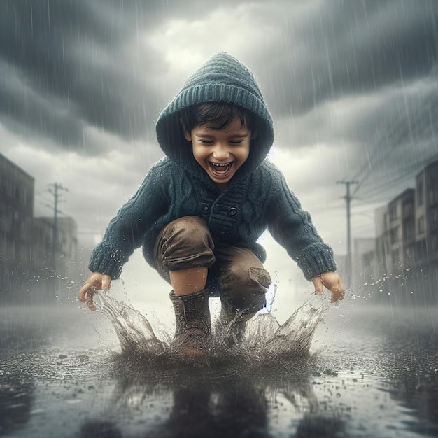 a boy in a raincoat is playing in the rain
