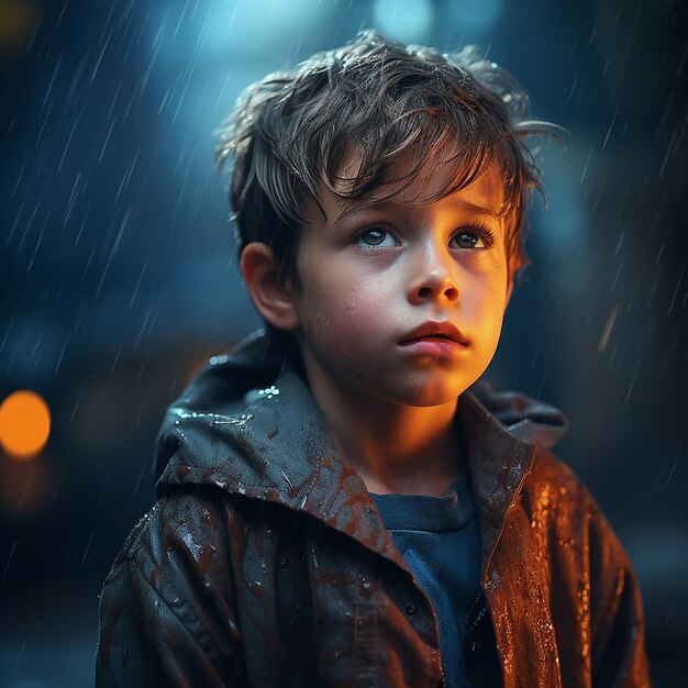 레인코트를 입은 소년이 비에 서 있습니다.