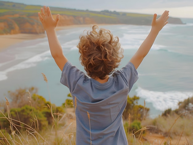 Foto ragazzo che alza le mani felice di vedere la vista della spiaggia