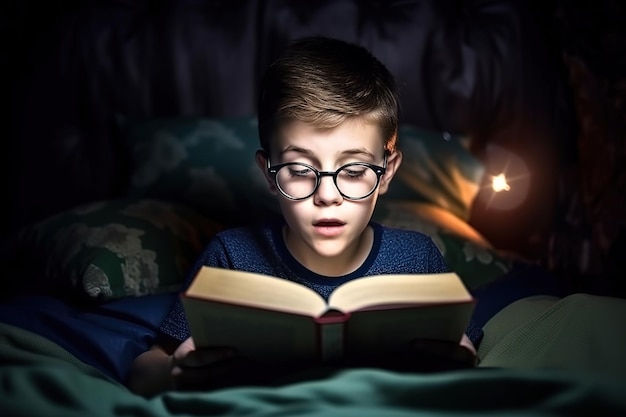 A boy reading a book in bed with a light on it