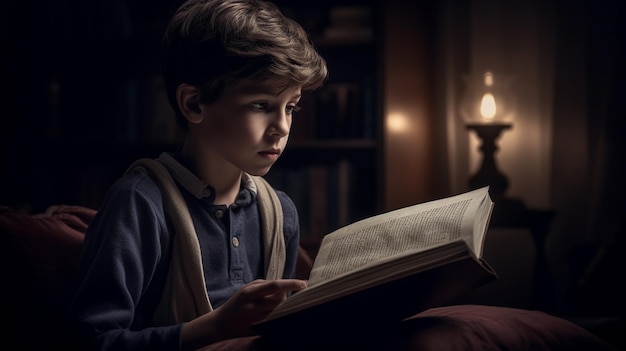 A boy reading a book in a dark room.