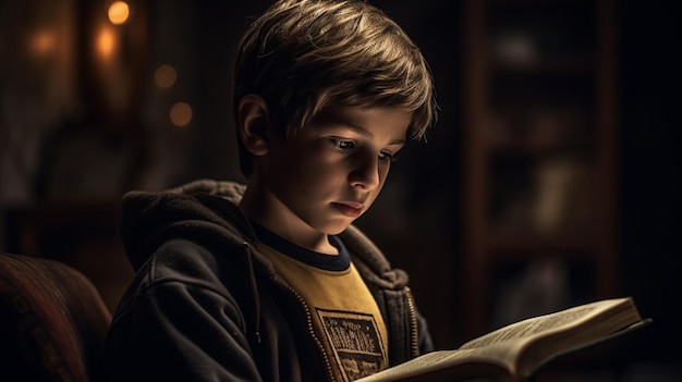 A boy reading a book in a dark room