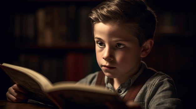 A boy reading a book in a dark room