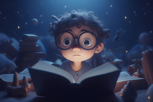 A boy reading a book in a dark room.