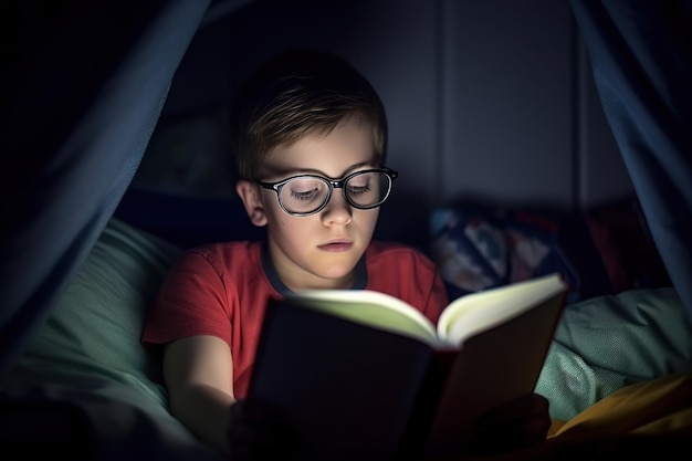 A boy reading a book in a dark room