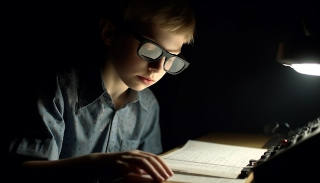 A boy reading a book in the dark