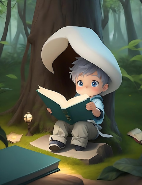 A boy reading book in the forest