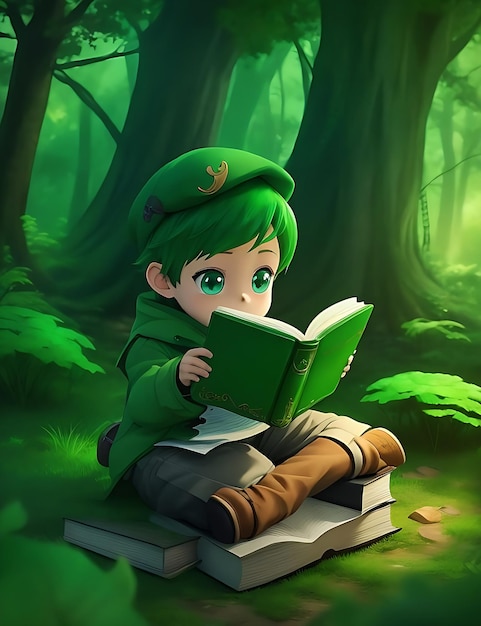 A boy reading book in the forest