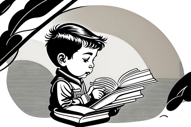 Boy reading book learns to read Continuous line drawing Vector illustration