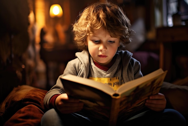 Photo a boy reading a book in the living room