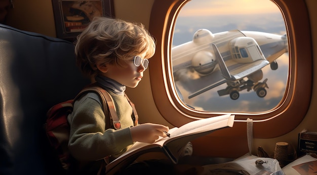 A boy reading a book next to a plane on a train.