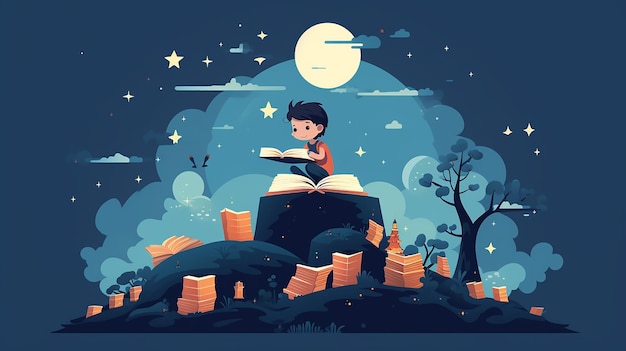 a boy reading a book in the sky with the moon above him