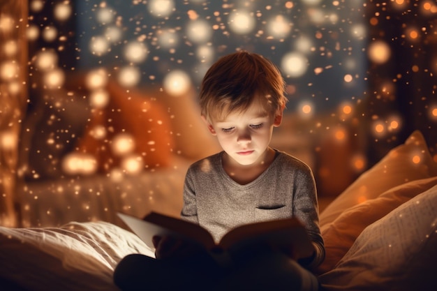 Мальчик читает книгу на размытом фоне огней