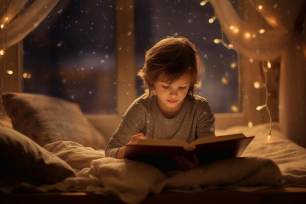 A boy reading a book with a blurred background of lights