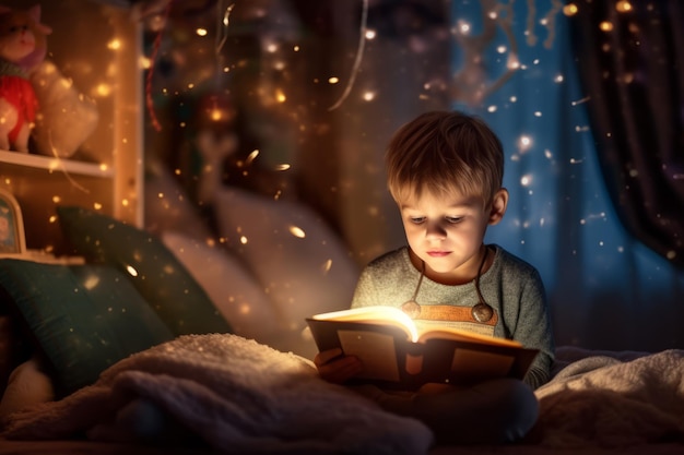 Мальчик читает книгу на размытом фоне огней
