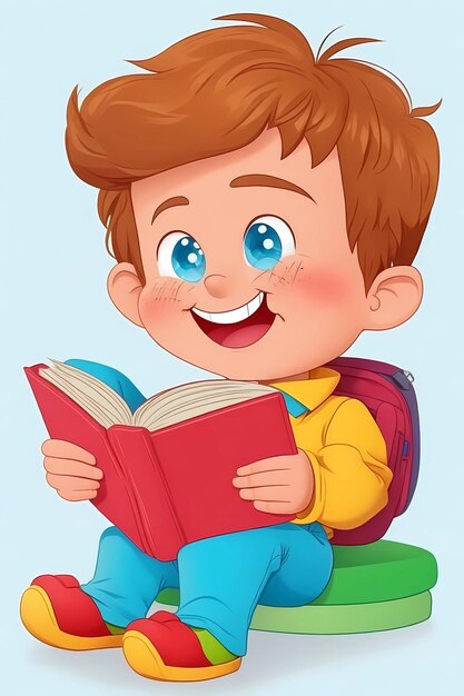 a boy reading a book with a book on the front