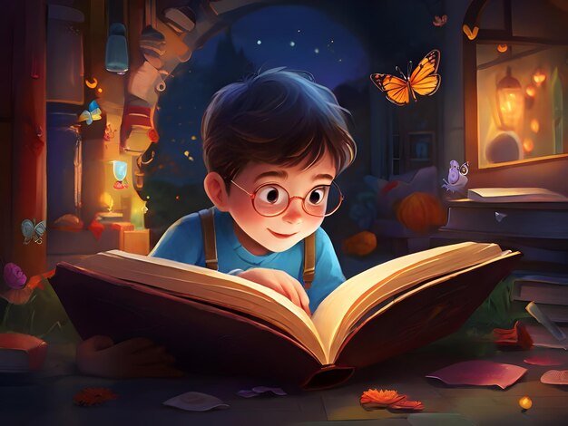 Photo a boy reading a book with a book titled quot the butterfly quot