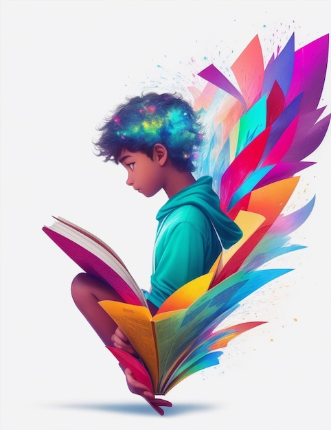 A boy reading a book with colorful wings and a rainbow on the back.