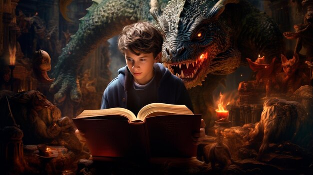 a boy reading a book with a dragon and a book in the dark