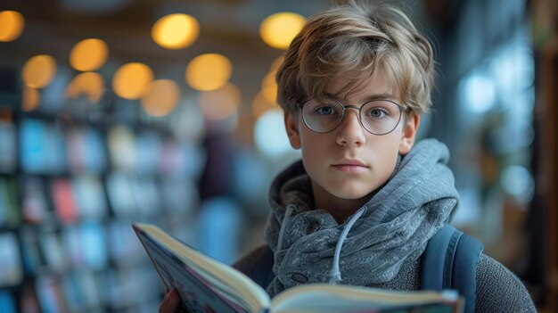 Boy Reading in a Library