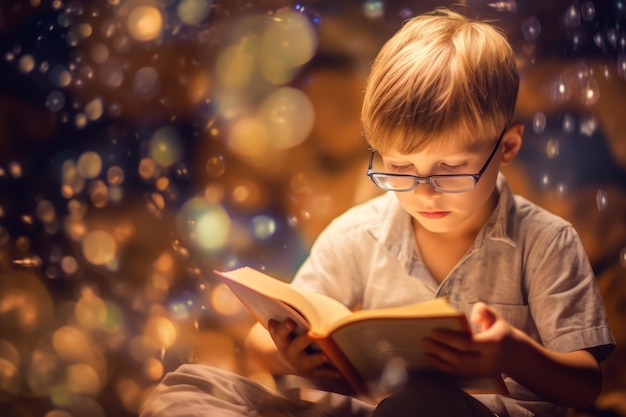 A boy reads a book in front of a bokeh background