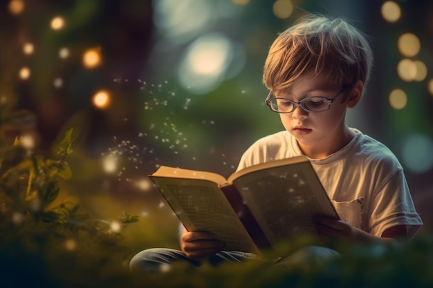 A boy reads a book in front of a bokeh background