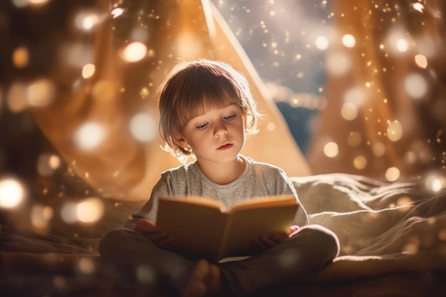 A boy reads a book in front of a bokeh background