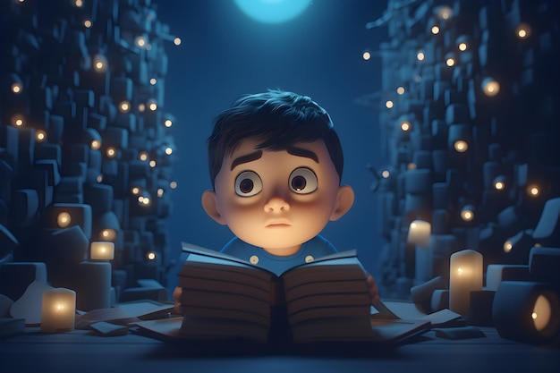 A boy reads a book in front of a moonlit night.