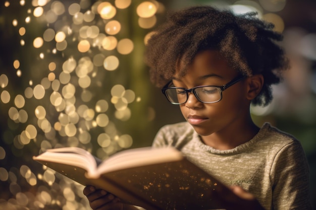 A boy reads a book with lights in the background