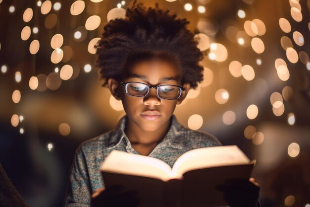 A boy reads a book with lights in the background