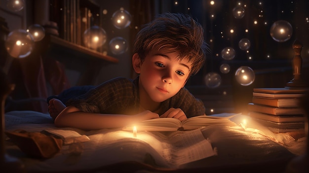 A boy reads a book with a lit candle on it.