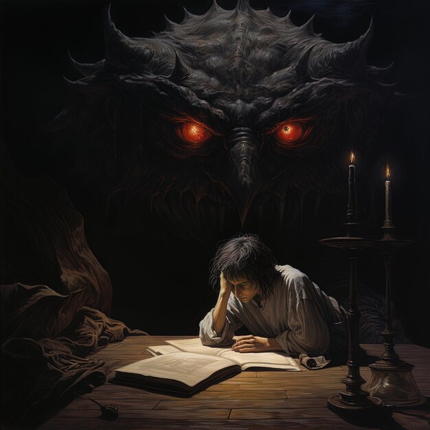 Photo a boy reads a book with a monster behind him