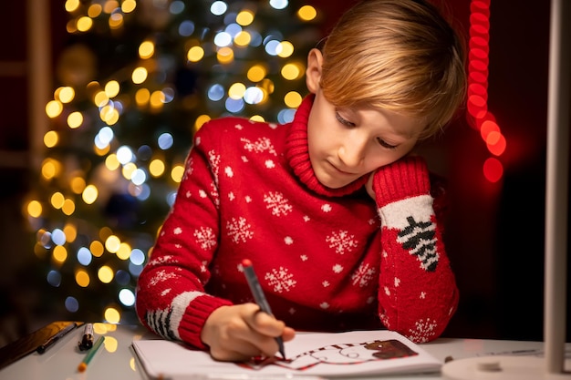 A boy in a red christmas sweater on the background of a\
christmas tree pressed his hand to his face and thoughtfully\
draws