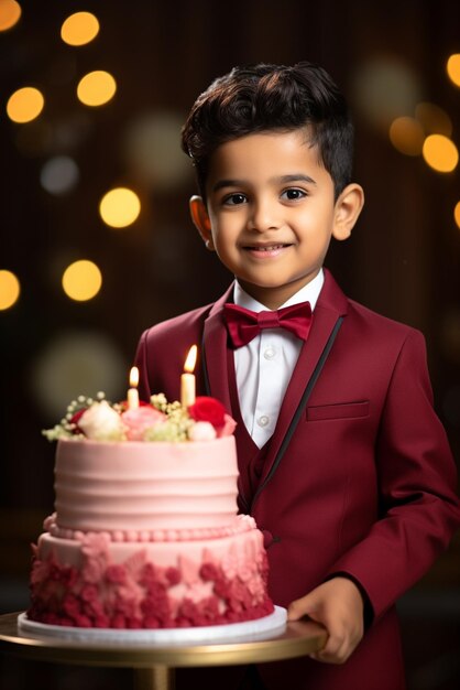 Boy in a red dress holding a large birthday cake