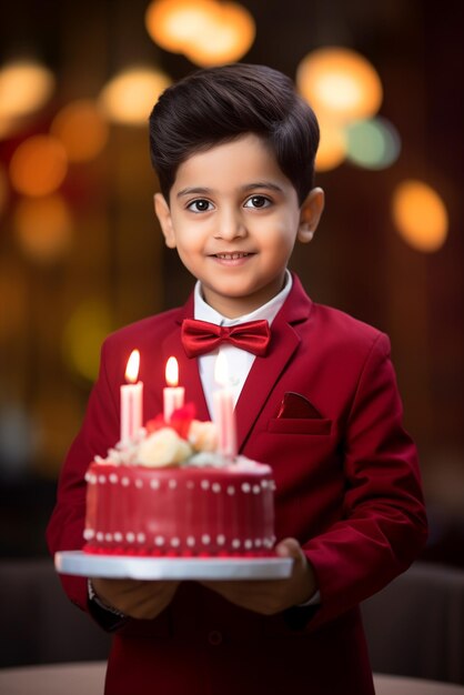 Boy in a red dress holding a large birthday cake