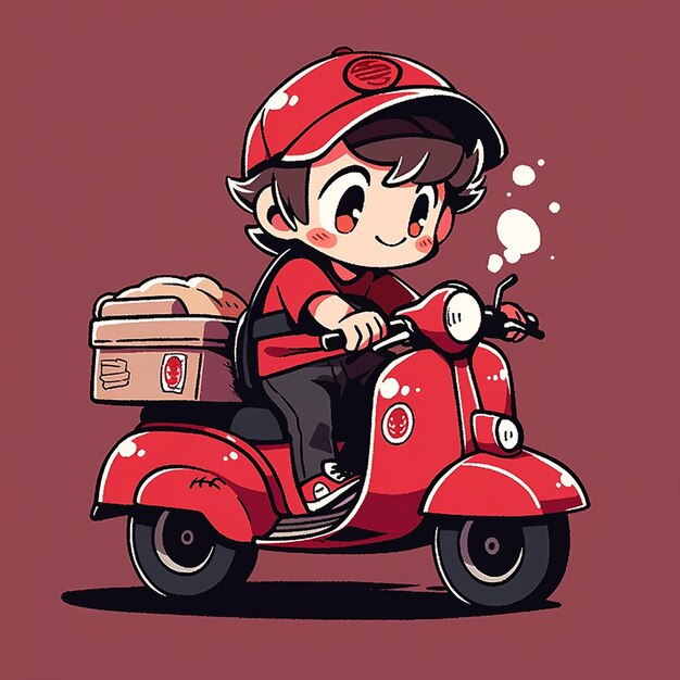 a boy on a red scooter with a box on the front.