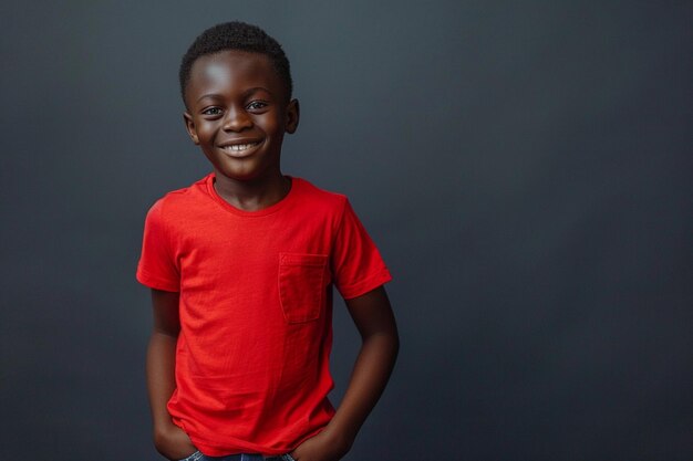 Photo a boy in a red shirt smiles for the camera