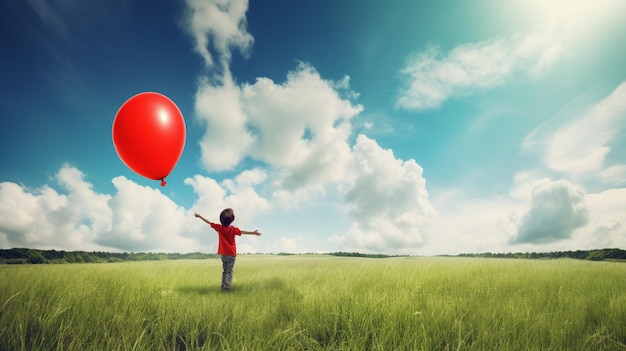 A boy in a red shirt stands in a field with a red balloon in the sky.