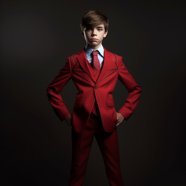 a boy in a red suit with a blue shirt on.