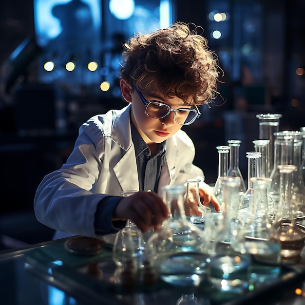 A boy researching with beakers engrossed and intent mixing c digital native gen alpha generation