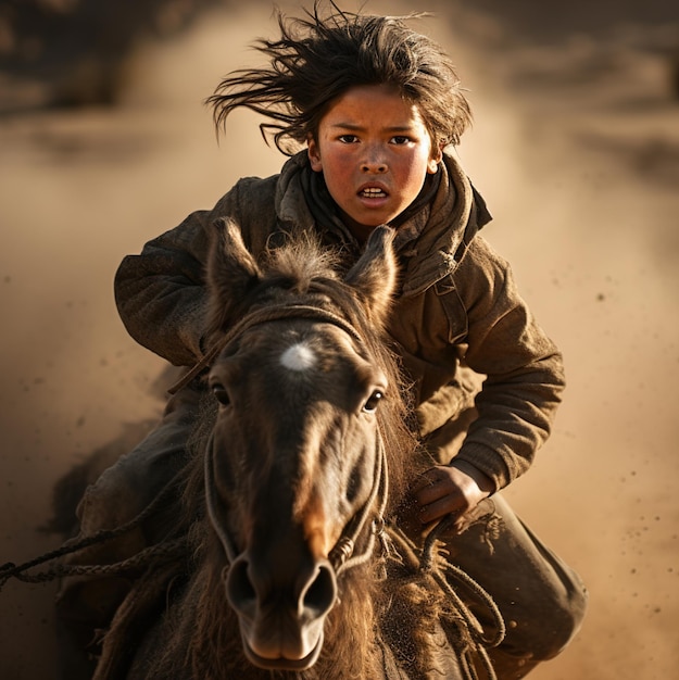 a boy rides a horse with a horse in the background.