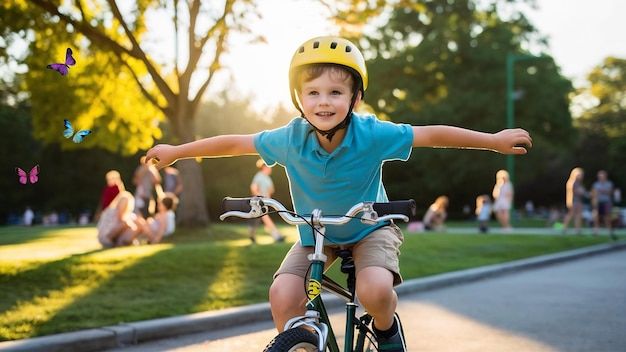 Boy riding bike in a helmet